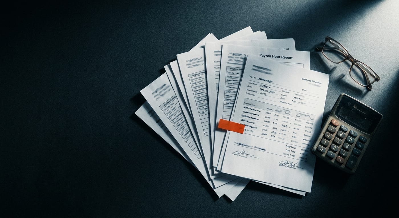 Employee timesheets and payroll reports spread across a desk
