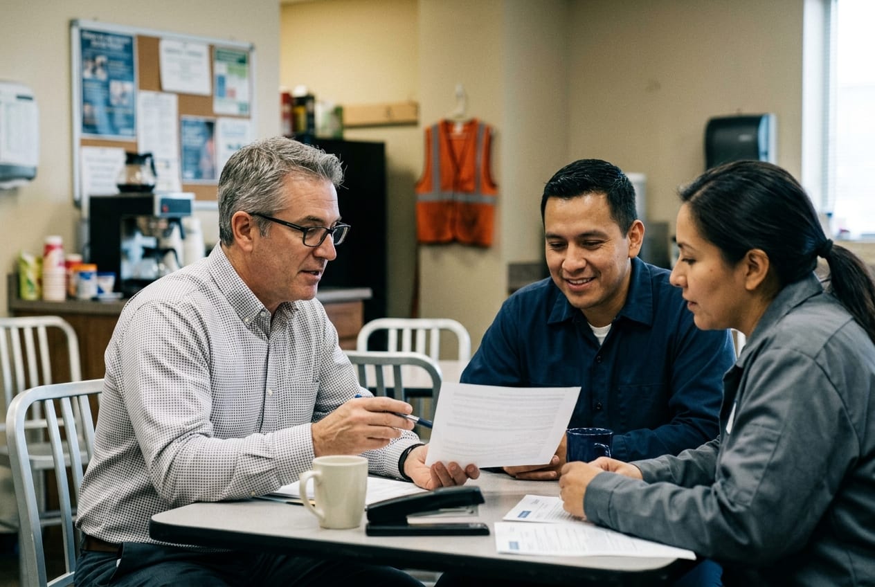 A benefits advisor walking two warehouse employees through a document in a break room