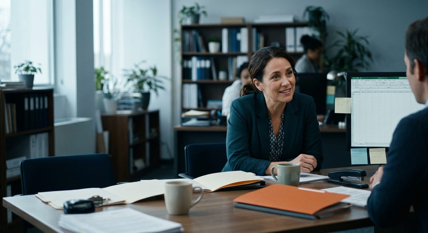 An HR director listening across a table in a real office