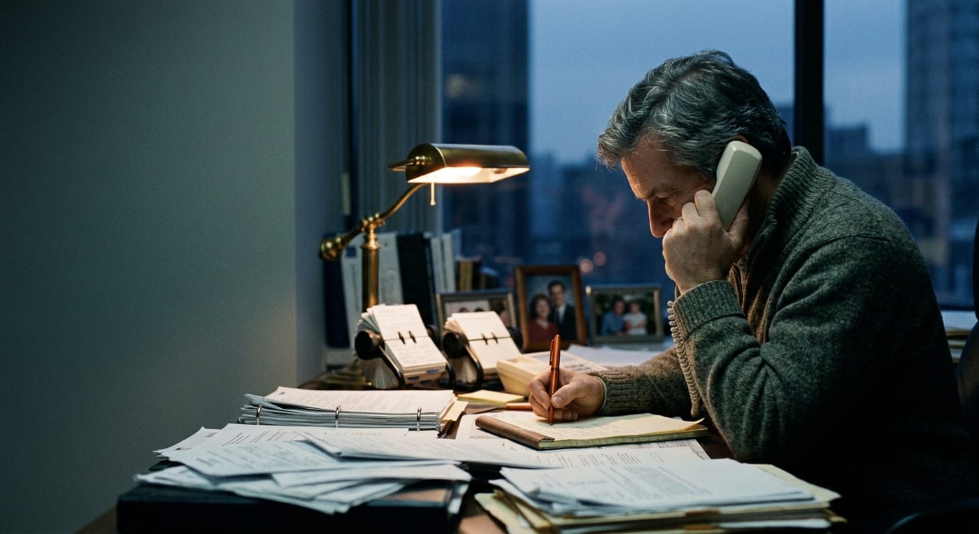 An advisor taking a phone call at a desk in the evening, taking handwritten notes