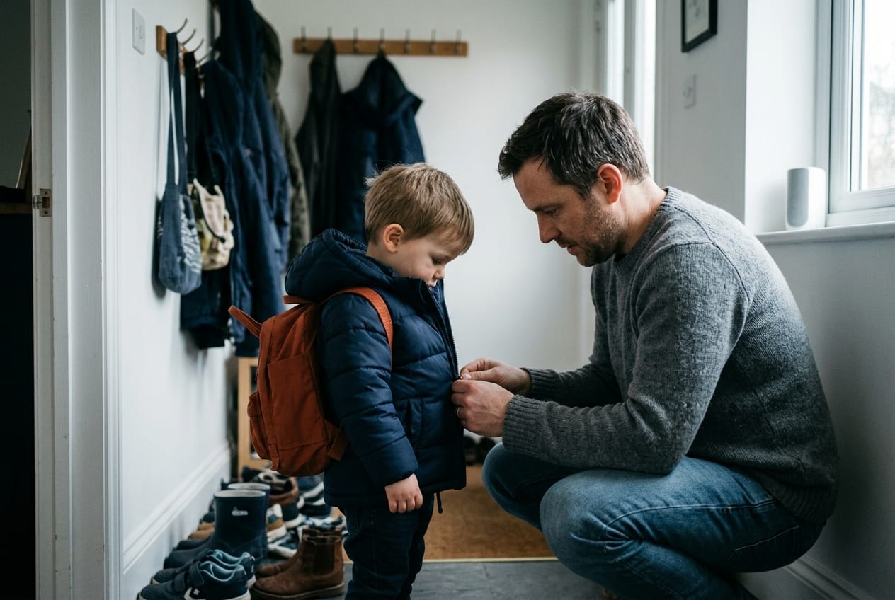 A parent kneeling to fix their child's jacket in a hallway before school